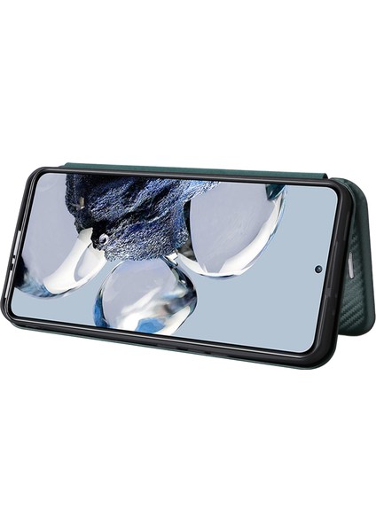 Xiaomi 12T Pro 5g Şok Geçirmez Pu Deri Telefon Kılıf Yuvası Stand Karbon Fiber Doku Manyetik Emilim Flip Kapak Yeşil (Yurt Dışından)