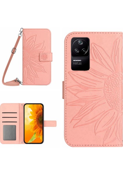 Xiaomi Redmi K40S Için 5g/poco F4 5g HT04 Ayçiçeği Baskılı Pu Deri Şok Geçirmez Kılıf Deri-Touch Anti-Çizelge Anti-Çizelge Stand Cüzdan Kapağı Omuz Kayışı Işık Pembe (Yurt Dışından) modelleri