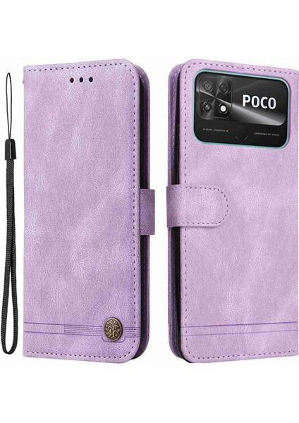 Xiaomi Için Poco C40 4g Ağaç Desen Metal Düğmesi Metal Deri Deri Deri Kılıf Cüzdan Stil Çizgileri Baskılı Manyetik Flip Stand Kapağı Strap-Murple ile (Yurt Dışından)