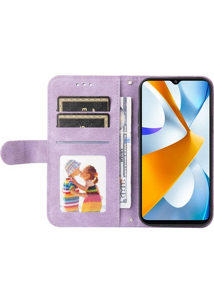 Xiaomi Için Poco C40 4g Ağaç Desen Metal Düğmesi Metal Deri Deri Deri Kılıf Cüzdan Stil Çizgileri Baskılı Manyetik Flip Stand Kapağı Strap-Murple ile (Yurt Dışından)