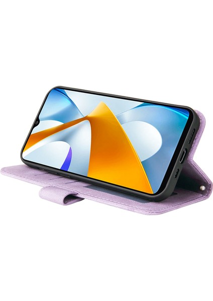 Xiaomi Için Poco C40 4g Ağaç Desen Metal Düğmesi Metal Deri Deri Deri Kılıf Cüzdan Stil Çizgileri Baskılı Manyetik Flip Stand Kapağı Strap-Murple ile (Yurt Dışından)