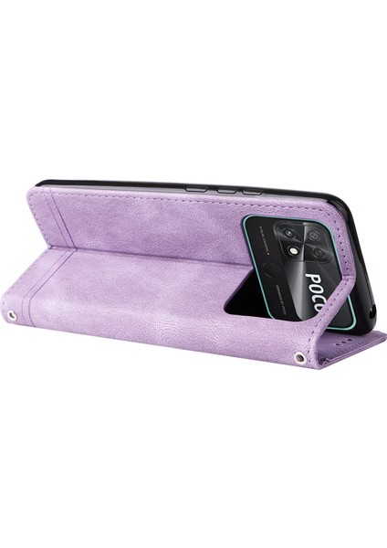 Xiaomi Için Poco C40 4g Ağaç Desen Metal Düğmesi Metal Deri Deri Deri Kılıf Cüzdan Stil Çizgileri Baskılı Manyetik Flip Stand Kapağı Strap-Murple ile (Yurt Dışından)