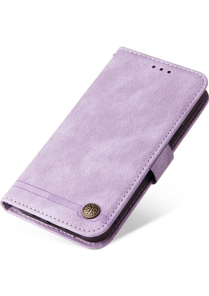 Xiaomi Için Poco C40 4g Ağaç Desen Metal Düğmesi Metal Deri Deri Deri Kılıf Cüzdan Stil Çizgileri Baskılı Manyetik Flip Stand Kapağı Strap-Murple ile (Yurt Dışından)