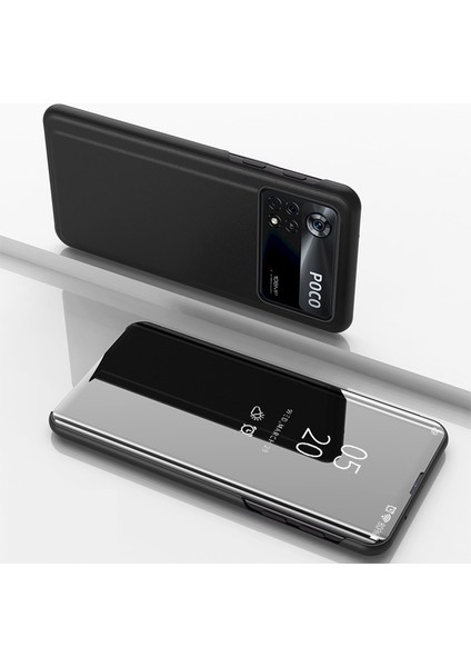 Xiaomi Için Poco M4 Pro 4g Ayna Tasarımı Akıllı Görünüm Pencere Ekran Ekran Örneği Pu Deri Elektroplat Kaplama Standı Anti-Fall Koruyucu Flip Cover-Black (Yurt Dışından)
