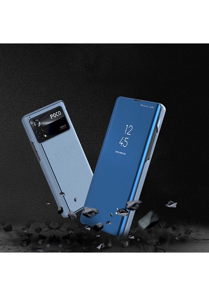 Xiaomi Için Poco M4 Pro 4g Ayna Tasarımı Akıllı Görünüm Pencere Ekran Ekran Örneği Pu Deri Elektroplat Kaplama Standı Anti-Fall Koruyucu Flip Cover-Black (Yurt Dışından) modelleri