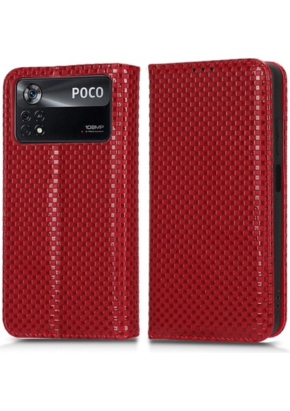 Xiaomi Poco X4 Pro 5g Magnicy Otomatik Absorbed Telefon Cüzdan Kapağı Izgara Doku Pu Deri Stand Kasa Kırmızısı (Yurt Dışından)