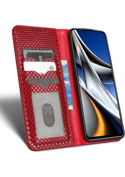 Xiaomi Poco X4 Pro 5g Magnicy Otomatik Absorbed Telefon Cüzdan Kapağı Izgara Doku Pu Deri Stand Kasa Kırmızısı (Yurt Dışından) fiyatları