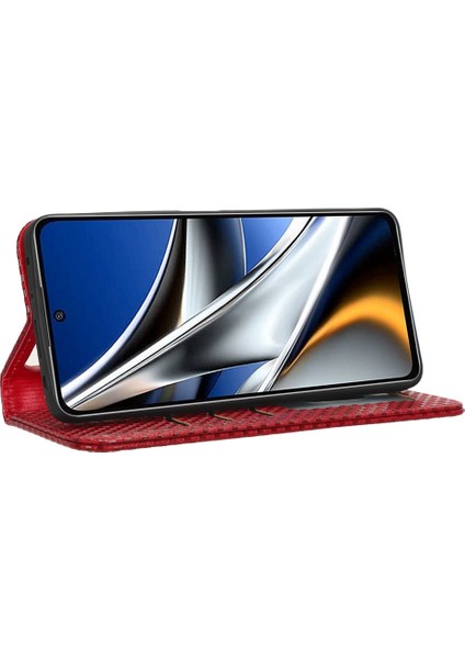 Xiaomi Poco X4 Pro 5g Magnicy Otomatik Absorbed Telefon Cüzdan Kapağı Izgara Doku Pu Deri Stand Kasa Kırmızısı (Yurt Dışından) modelleri