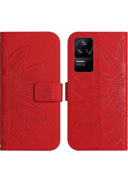 Xiaomi Redmi K40S Için 5g/poco F4 5g HT04 Ayçiçeği Baskılı Pu Deri Deri Şok Geçirmez Kasa Deri Touch Anti-Çizgi Anti-Çizgi Stand Cüzdan Kapağı Omuz Kayışı Kırmızısı (Yurt Dışından) fiyatları