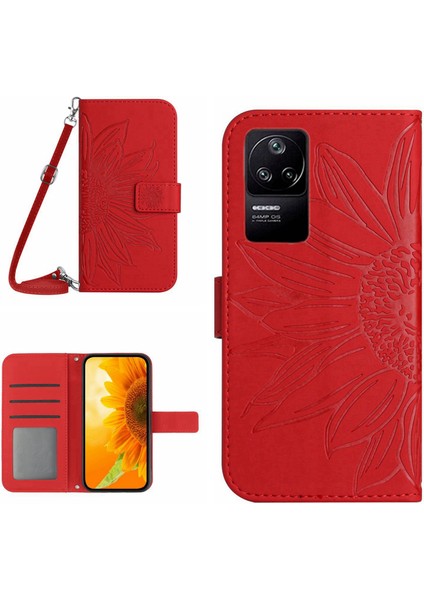 Xiaomi Redmi K40S Için 5g/poco F4 5g HT04 Ayçiçeği Baskılı Pu Deri Deri Şok Geçirmez Kasa Deri Touch Anti-Çizgi Anti-Çizgi Stand Cüzdan Kapağı Omuz Kayışı Kırmızısı (Yurt Dışından) modelleri