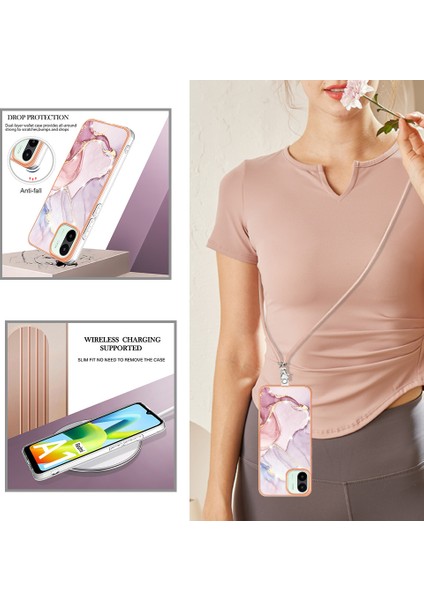 Xiaomi Için Redmi A1 4g/a2 4g Mermer Desen Damla Koruma Telefon Kılıfı Imd Elektroplasyon Çerçevesi Tpu Koruyucu Kapak Lanyard-Rose Altın (Yurt Dışından)