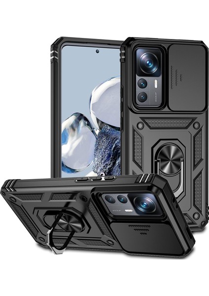Slayt Kamera Koruyucu Tasarım Telefon Kılıfı Xiaomi 12T 5G/12T Pro 5g/redmi K50 Ultra 5g, Metal Ring Kickstand Anti-Sracratch Pc+Tpu Koruyucu Kapak Black (Yurt Dışından)