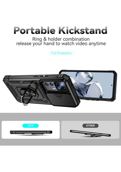 Slayt Kamera Koruyucu Tasarım Telefon Kılıfı Xiaomi 12T 5G/12T Pro 5g/redmi K50 Ultra 5g, Metal Ring Kickstand Anti-Sracratch Pc+Tpu Koruyucu Kapak Black (Yurt Dışından) modelleri