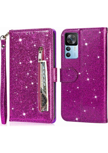 Xiaomi 12T 5G/12T Pro 5g/redmi K50 Ultra 5g Fermuarı Pocket Glittery Pu Deri Şok Geçirmez Kılıf Manyetik Kıta Flip Telefon Cüzdanı Stand Kapak-Moral (Yurt Dışından)