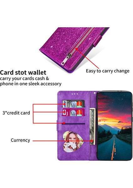 Xiaomi 12T 5G/12T Pro 5g/redmi K50 Ultra 5g Fermuarı Pocket Glittery Pu Deri Şok Geçirmez Kılıf Manyetik Kıta Flip Telefon Cüzdanı Stand Kapak-Moral (Yurt Dışından) fırsatları