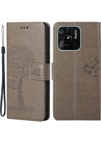Xiaomi Redmi Için 10C Stand Pu Deri Kılıf Strap-Grey ile Baskalı Baykuş Ağacı Desen Kapağı (Yurt Dışından)