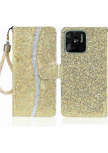 Xiaomi Redmi Için 10C Glitter Pu Deri Telefon Kılıfı Stand Manyetik Kapatma Bling El Strap-Gold ile El Strap-Gold ile Şok Geçirmez Flip Kapak (Yurt Dışından)