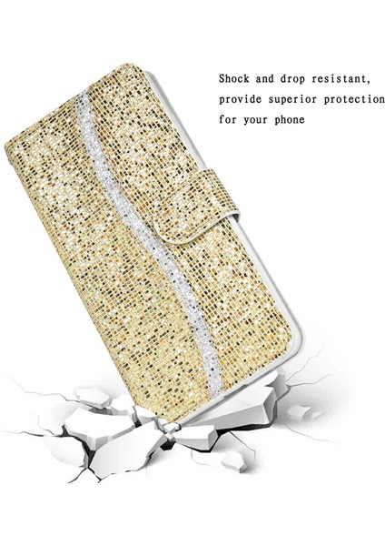 Xiaomi Redmi Için 10C Glitter Pu Deri Telefon Kılıfı Stand Manyetik Kapatma Bling El Strap-Gold ile El Strap-Gold ile Şok Geçirmez Flip Kapak (Yurt Dışından) fırsatları