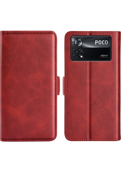 Folio Flip Çift Class Pu Deri Telefon Kabuğu Xiaomi Poco X4 Pro 5g, Katlanabilir Ayarlanabilir Stand Vaka Telefon Cüzdan Aksesuar-Kırmızı (Yurt Dışından)