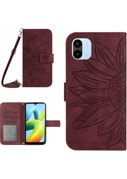 HT04 Xiaomi Redmi A1 4g/a2 4g Cüzdan Stand Omuz Strap-Wine Red ile Cilt Dostu Cep Telefonu Kapağı (Yurt Dışından)