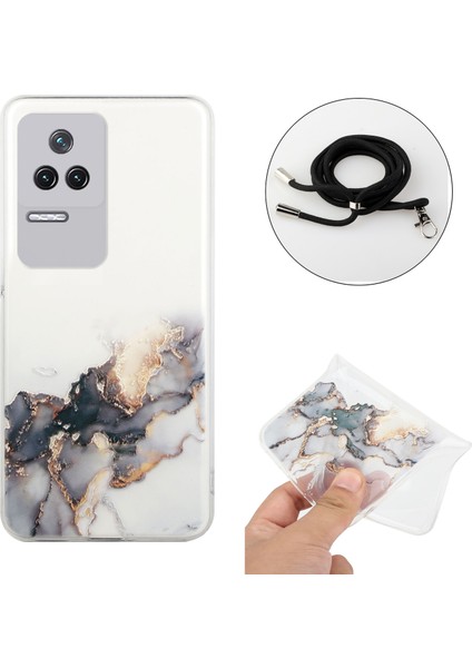 Xiaomi Redmi K50/K50 Pro Marble Desen Için Kabartmalı Şok Geçirmez Tpu Telefon Kapağı Ayarlanabilir Kirap-Black (Yurt Dışından)