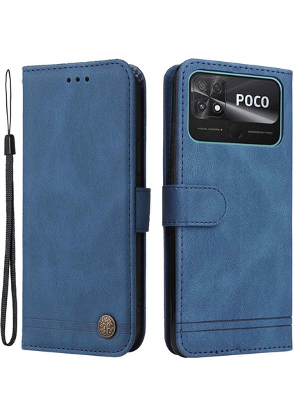Xiaomi Için Poco C40 4g Ağaç Desen Metal Düğmesi Cilt Touch Pu Deri Kılıf Cüzdan Stil Çizgileri Baskılı Manyetik Flip Stand Kapağı Strap-Mavi ile (Yurt Dışından)