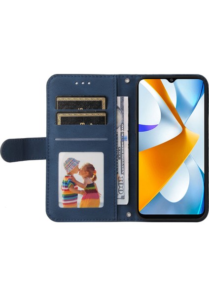 Xiaomi Için Poco C40 4g Ağaç Desen Metal Düğmesi Cilt Touch Pu Deri Kılıf Cüzdan Stil Çizgileri Baskılı Manyetik Flip Stand Kapağı Strap-Mavi ile (Yurt Dışından)