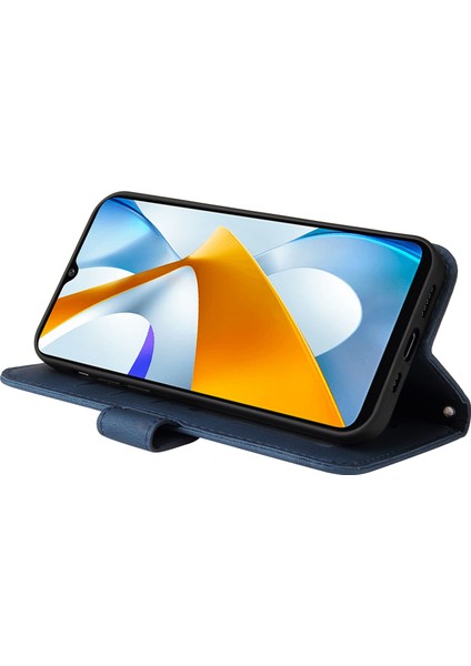 Xiaomi Için Poco C40 4g Ağaç Desen Metal Düğmesi Cilt Touch Pu Deri Kılıf Cüzdan Stil Çizgileri Baskılı Manyetik Flip Stand Kapağı Strap-Mavi ile (Yurt Dışından)