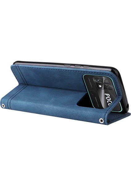 Xiaomi Için Poco C40 4g Ağaç Desen Metal Düğmesi Cilt Touch Pu Deri Kılıf Cüzdan Stil Çizgileri Baskılı Manyetik Flip Stand Kapağı Strap-Mavi ile (Yurt Dışından)
