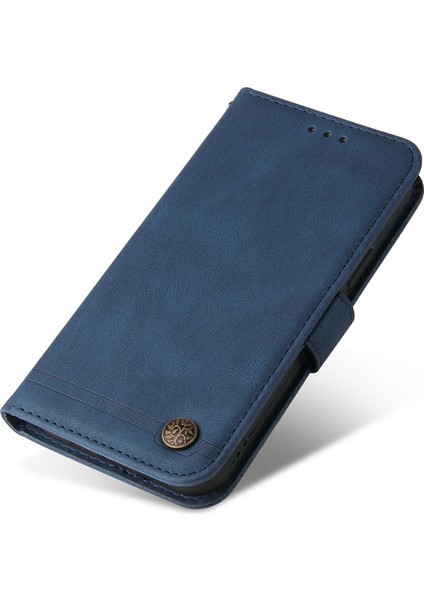 Xiaomi Için Poco C40 4g Ağaç Desen Metal Düğmesi Cilt Touch Pu Deri Kılıf Cüzdan Stil Çizgileri Baskılı Manyetik Flip Stand Kapağı Strap-Mavi ile (Yurt Dışından)