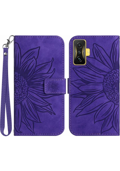 Xiaomi Için Poco F4 Gt/redmi K50 Gaming 5g HT04 Baskılı Ayçiçeği Pu Deri Telefon Kılıfı Stand Manyetik Toka Cilt Touch Koruyucu Kapak El Strap-Dark Mor ile (Yurt Dışından)