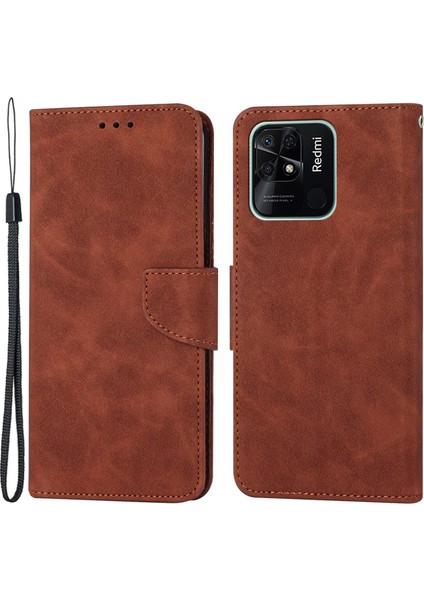 Xiaomi Redmi Için 10C Düz Renkli Deri Telefon Kılıf Katlanabilir Stand Tasarımı Tam Vücut Koruma Telefon Kapak-Kahverengi (Yurt Dışından)