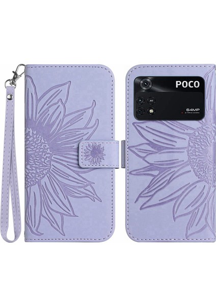 Xiaomi Için Poco M4 Pro 4g HT04 Cüzdan Telefon Kılıfı Baskılı Ayçiçeği Stand Strap Light Mor ile Cilt Dokun (Yurt Dışından)