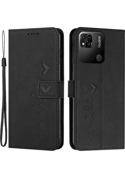 Xiaomi Için Redmi 10C/REDMI 10 (Hindistan) Kalp Şekli Baskılı Cüzdan Kılıf Deri Touch Hissed Pu Deri Bilek Kayışı Stand Flip Telefon Kapağı Black (Yurt Dışından)