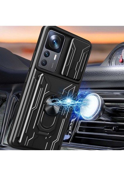 Xiaomi 12T Pro 5g Kart Tutucu Yüzüğü Manyetik Kickstand Telefon Kılıfı Pc+Tpu Slayt Kamera Kapağı ile Telefon Koruyucu (Yurt Dışından)