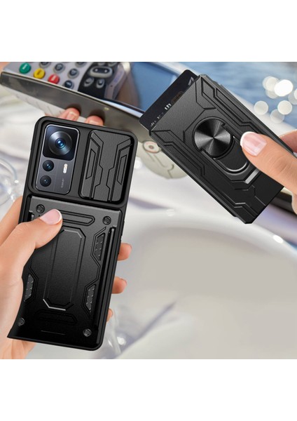 Xiaomi 12T Pro 5g Kart Tutucu Yüzüğü Manyetik Kickstand Telefon Kılıfı Pc+Tpu Slayt Kamera Kapağı ile Telefon Koruyucu (Yurt Dışından)