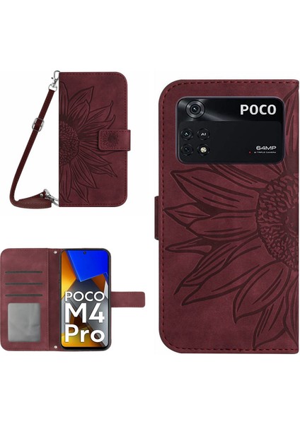 Xiaomi Için Poco M4 Pro 4g HT04 HT04 Scratch-Proof Pu Deri Ayçiçeği Baskılı Cüzdan Özelliği Stand Standı Kılıf Cilt Dokun (Yurt Dışından)