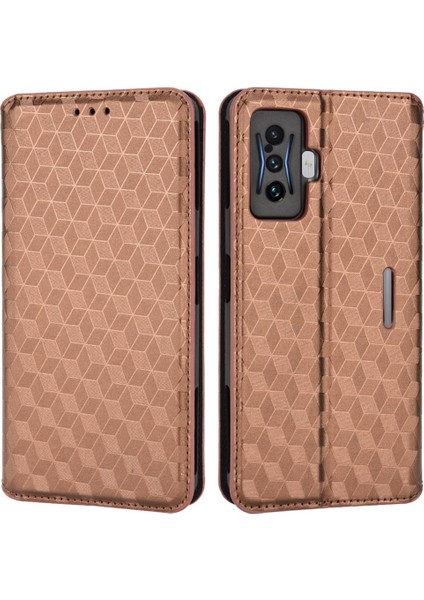 Xiaomi Poco F4 Gt/redmi K50 Oyun, Baskılı Rhombus Desenine Dirençli Otomatik Emici Manyetik Anti-Fall Pu Deri Cüzdan Standı Kapak Kahverengi (Yurt Dışından)