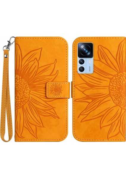 Xiaomi 12T 5G/12T Pro 5g/redmi K50 Ultra 5g HT04 Baskılı Ayçiçeği Stand Cüzdan Telefon Kılıfı Strap-Sarı (Yurt Dışından)