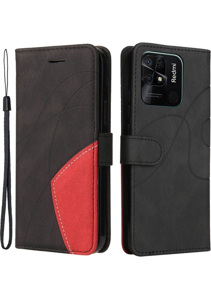 Xiaomi Redmi Için 10C Çift Renkli Ekleme Pu Deri Deri Cüzdan Telefon Kılıfı Stand Kabuğu Strap-Black (Yurt Dışından)