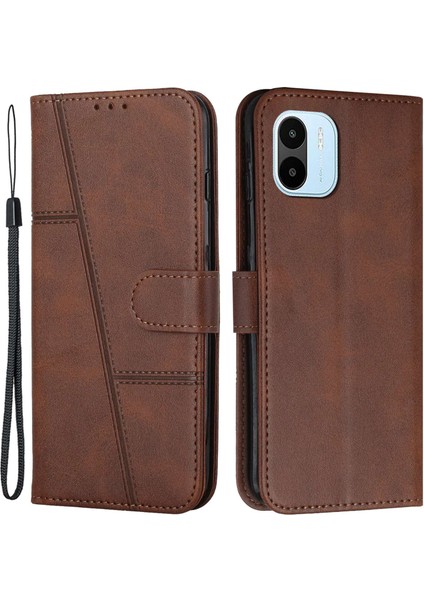 Xiaomi Için Redmi A1 4g/a2 4g Basit Stil Telefon Kapağı Dikiş Tasarım Cüzdan Anti-Çizelge Pu Deri Stand Kılıfı Strap-Brown (Yurt Dışından)