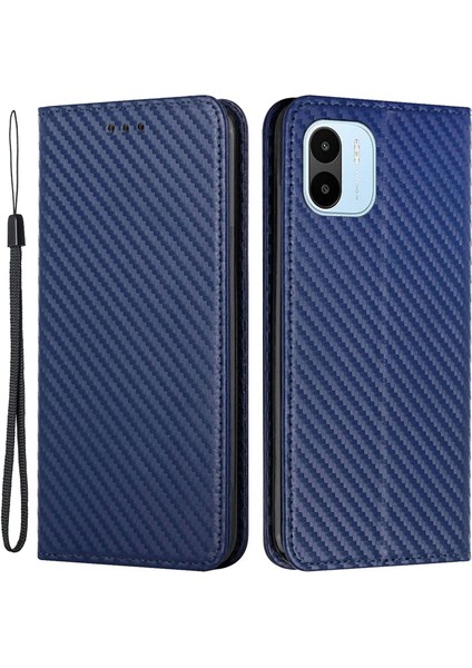 Karbon Fiber Doku Pu Deri Deri Telefon Kılıfı Xiaomi Redmi A1 4g/a2 4g Cüzdan Stand Manyetik Otomatik Kapatma Şok Geçirmez Telefon Kapağı Bilek Kayış Mavisi ile (Yurt Dışından)