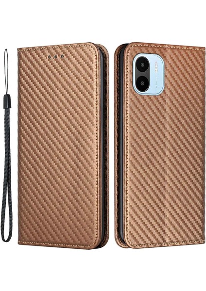 Karbon Fiber Doku Pu Deri Deri Telefon Kılıfı Xiaomi Için Redmi A1 4g/a2 4g Cüzdan Stand Manyetik Otomatik Kapanış Şok Geçirmez Telefon Kapağı Bilek Kayış-Kahverengi ile (Yurt Dışından)