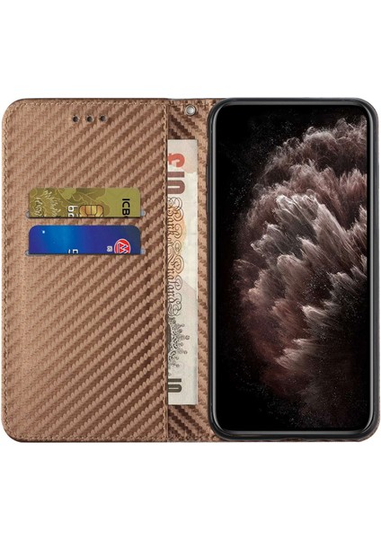 Karbon Fiber Doku Pu Deri Deri Telefon Kılıfı Xiaomi Için Redmi A1 4g/a2 4g Cüzdan Stand Manyetik Otomatik Kapanış Şok Geçirmez Telefon Kapağı Bilek Kayış-Kahverengi ile (Yurt Dışından)