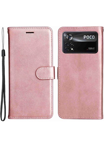 Xiaomi Poco X4 Pro 5g Düz Renkli Pu Deri Folyo Flip Flip Cüzdan Torosu Tasarım Manyetik Kapatma Stand Savunmacı Telefon Kılıfı Strap-Rose Gold (Yurt Dışından)