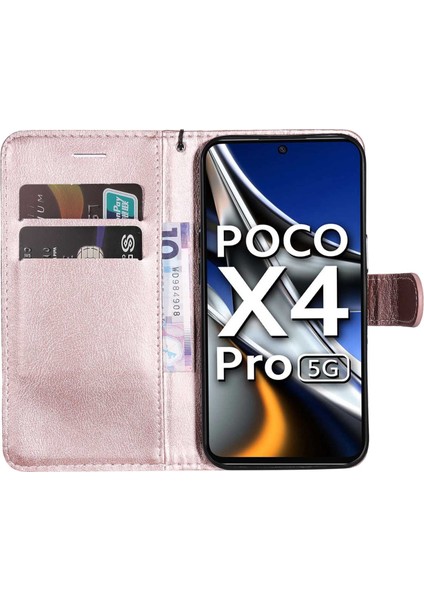 Xiaomi Poco X4 Pro 5g Düz Renkli Pu Deri Folyo Flip Flip Cüzdan Torosu Tasarım Manyetik Kapatma Stand Savunmacı Telefon Kılıfı Strap-Rose Gold (Yurt Dışından)