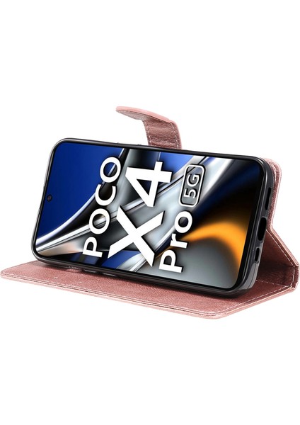 Xiaomi Poco X4 Pro 5g Düz Renkli Pu Deri Folyo Flip Flip Cüzdan Torosu Tasarım Manyetik Kapatma Stand Savunmacı Telefon Kılıfı Strap-Rose Gold (Yurt Dışından)
