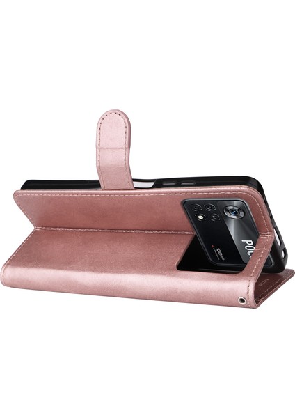 Xiaomi Poco X4 Pro 5g Düz Renkli Pu Deri Folyo Flip Flip Cüzdan Torosu Tasarım Manyetik Kapatma Stand Savunmacı Telefon Kılıfı Strap-Rose Gold (Yurt Dışından)