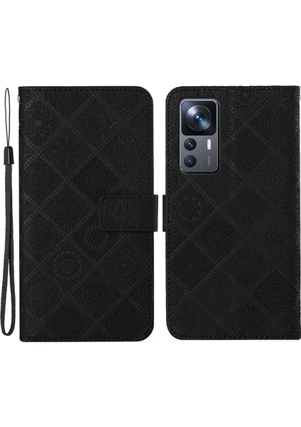 Xiaomi 12T 5G/12T Pro 5g/redmi K50 Ultra 5g Mıknatıs Toka Etnik Baskıda Baskı Cüzdan Eller Seçim Deri Kılıf Strap-Black (Yurt Dışından)