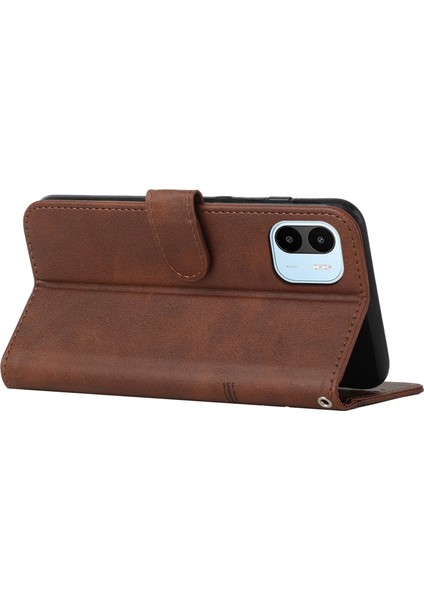 Xiaomi Için Redmi A1 4g/a2 4g Basit Stil Telefon Kapağı Dikiş Tasarım Cüzdan Anti-Çizelge Pu Deri Stand Kılıfı Strap-Brown (Yurt Dışından)